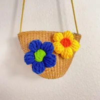 Kid'S Straw Color Block Flower Cute Bucket Zipper Shoulder Bag main image 4