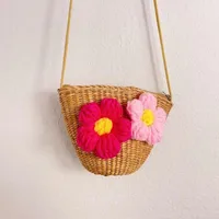 Kid'S Straw Color Block Flower Cute Bucket Zipper Shoulder Bag main image 3
