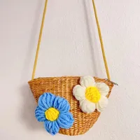 Kid'S Straw Color Block Flower Cute Bucket Zipper Shoulder Bag sku image 1