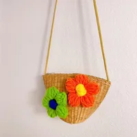 Kid'S Straw Color Block Flower Cute Bucket Zipper Shoulder Bag sku image 2