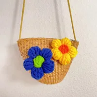Kid'S Straw Color Block Flower Cute Bucket Zipper Shoulder Bag sku image 3