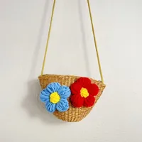 Kid'S Straw Color Block Flower Cute Bucket Zipper Shoulder Bag sku image 4