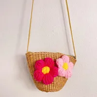 Kid'S Straw Color Block Flower Cute Bucket Zipper Shoulder Bag sku image 5