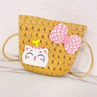 Kid'S Straw Cat Bow Knot Cute Square Zipper Shoulder Bag main image 4