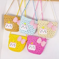 Kid'S Straw Cat Bow Knot Cute Square Zipper Shoulder Bag main image 5