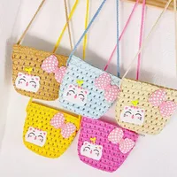 Kid'S Straw Cat Bow Knot Cute Square Zipper Shoulder Bag main image 2