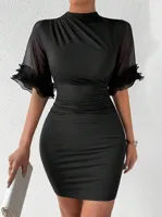 Women's Sheath Dress Elegant High Neck Short Sleeve Solid Color Above Knee Anniversary Travel Daily main image 3