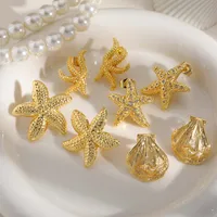 1 Pair Vacation Beach Classic Style Scallop Starfish Irregular Scallop Inlay Copper Zircon 18K Gold Plated Ear Studs main image 1