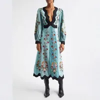 Women's Adults Patchwork Skirt Vintage Style Ethnic Style V Neck Basic Model Hollow Backless, Printing Long Sleeve Printing Maxi Long Dress Weekend Banquet Festival main image 1