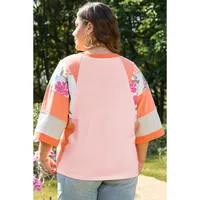 T-shirt 3/4 Length Sleeve Plus Size Tops Casual New And New Leisure Simple Style Color Block Flower main image 4