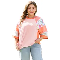 T-shirt 3/4 Length Sleeve Plus Size Tops Casual New And New Leisure Simple Style Color Block Flower sku image 2