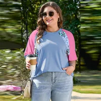 T-shirt Half Sleeve Plus Size Tops Casual Streetwear Color Block Leopard main image 1