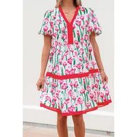 Women's Floral Dress Pastoral Simple Style V Neck Short Sleeve Color Block Flower Knee-Length Casual Holiday main image 3