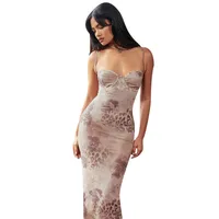 In Stock  -style Women's Elegant Slim-fit Waist Dress Strap Chest-revealing Flower Printed Long Dress For Women main image 5