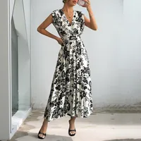 Women's A- Line Skirt Elegant Vacation V Neck Sleeveless Plant Midi Dress Daily Street main image 3