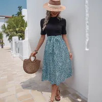 Women's T Shirt Dress Casual Elegant High Neck Short Sleeve Leaf Stripe Knee-Length Holiday Daily main image 2