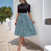 Women's T Shirt Dress Casual Elegant High Neck Short Sleeve Leaf Stripe Knee-Length Holiday Daily main image 3