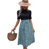 Women's T Shirt Dress Casual Elegant High Neck Short Sleeve Leaf Stripe Knee-Length Holiday Daily main image 5