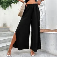 Women's Daily Casual Simple Style Solid Color Full Length Slit Button Wide Leg Pants sku image 1
