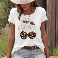 Women's T-shirt Short Sleeve T-Shirts Printing Casual Pastoral Streetwear Vocabulary Words/Name Cherry Leopard main image 1