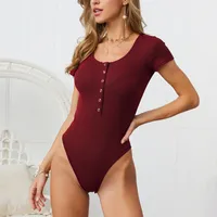 In Stock Europe And The United States   Summer Short-sleeved Basic Jumpsuit Women's Slim Solid Color Button Versatile Top main image 4