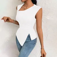 Women's  Elegant Style T-shirt  Spring And Summer New Slim-fit Short Solid Color Top With Slant Collar main image 2