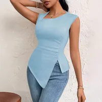 Women's  Elegant Style T-shirt  Spring And Summer New Slim-fit Short Solid Color Top With Slant Collar main image 4
