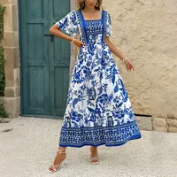 Women's A- Line Skirt Elegant Vacation Ethnic Style Square Neck Short Sleeve Leaf Flower Maxi Long Dress Holiday Travel Daily main image 2