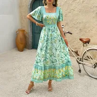 Women's A- Line Skirt Elegant Vacation Ethnic Style Square Neck Short Sleeve Leaf Flower Maxi Long Dress Holiday Travel Daily main image 3