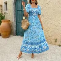 Women's A- Line Skirt Elegant Vacation Ethnic Style Square Neck Short Sleeve Leaf Flower Maxi Long Dress Holiday Travel Daily main image 4