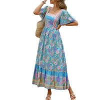 Women's A- Line Skirt Elegant Vacation Ethnic Style Square Neck Short Sleeve Leaf Flower Maxi Long Dress Holiday Travel Daily main image 5