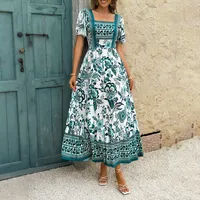 Women's A- Line Skirt Elegant Vacation Ethnic Style Square Neck Short Sleeve Leaf Flower Maxi Long Dress Holiday Travel Daily sku image 1