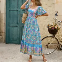 Women's A- Line Skirt Elegant Vacation Ethnic Style Square Neck Short Sleeve Leaf Flower Maxi Long Dress Holiday Travel Daily sku image 17
