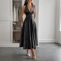 Women's A- Line Skirt Elegant Halter Neck Sleeveless Flower Maxi Long Dress Holiday Banquet main image 3
