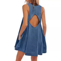 Women's Denim Dress Casual Round Neck Hollow Out Sleeveless Solid Color Above Knee Holiday Daily main image 5