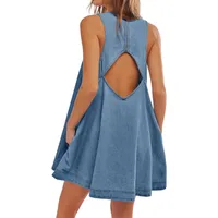 Women's Denim Dress Casual Round Neck Hollow Out Sleeveless Solid Color Above Knee Holiday Daily sku image 7