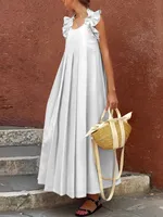 Women's A- Line Skirt Elegant Classical Halter Neck Pleated Sleeveless Solid Color Maxi Long Dress Holiday Daily sku image 12