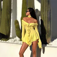 Women's Sheath Dress Elegant Sexy Boat Neck Pleated Long Sleeve Solid Color Above Knee Holiday Travel main image 1