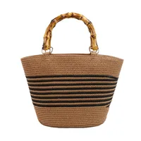 Women's Straw Color Block Stripe Vacation Square Zipper Straw Bag sku image 1