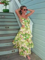 Women's Strap Dress Elegant Vacation Strap Hollow Out Sleeveless Leaf Coconut Tree Maxi Long Dress Holiday Travel main image 2