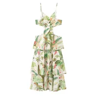 Women's Strap Dress Elegant Vacation Strap Hollow Out Sleeveless Leaf Coconut Tree Maxi Long Dress Holiday Travel sku image 1