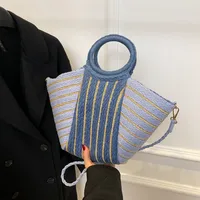 Women's Straw Color Block Stripe Vacation Streetwear Bucket Zipper Tote Bag Straw Bag main image 3