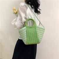 Women's Straw Color Block Stripe Vacation Streetwear Bucket Zipper Tote Bag Straw Bag main image 2