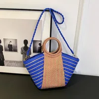 Women's Straw Color Block Stripe Vacation Streetwear Bucket Zipper Tote Bag Straw Bag main image 5