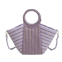 Women's Straw Color Block Stripe Vacation Streetwear Bucket Zipper Tote Bag Straw Bag sku image 1