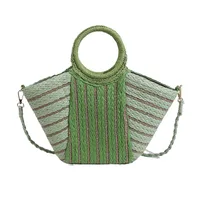 Women's Straw Color Block Stripe Vacation Streetwear Bucket Zipper Tote Bag Straw Bag sku image 2