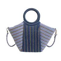 Women's Straw Color Block Stripe Vacation Streetwear Bucket Zipper Tote Bag Straw Bag sku image 3