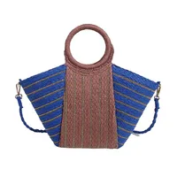 Women's Straw Color Block Stripe Vacation Streetwear Bucket Zipper Tote Bag Straw Bag sku image 4