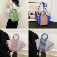 Women's Straw Color Block Stripe Vacation Streetwear Bucket Zipper Tote Bag Straw Bag main image 1