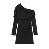 Women's Sheath Dress Streetwear Oblique Collar Long Sleeve Solid Color Above Knee Holiday Street sku image 3